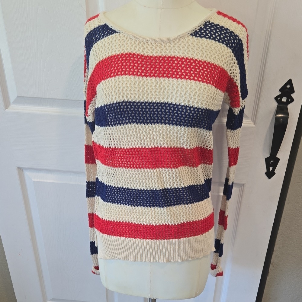 Coincidence & Chance Red White Blue Striped Open Knit Cotton Sweater Womens Med